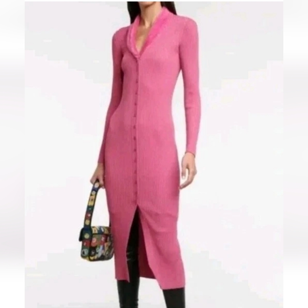 STAUD Celina faux fur-trimmed Pink midi Sweater Dress Bodycon Size M
